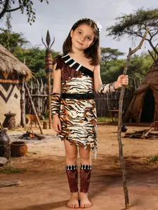 Girls' Wild Tribe Costume Set, Includes Skirt, Arm Warmers, Knee Pads, African Tribal Inspiration, Perfect for Halloween, Theme Parties, Stage Performances