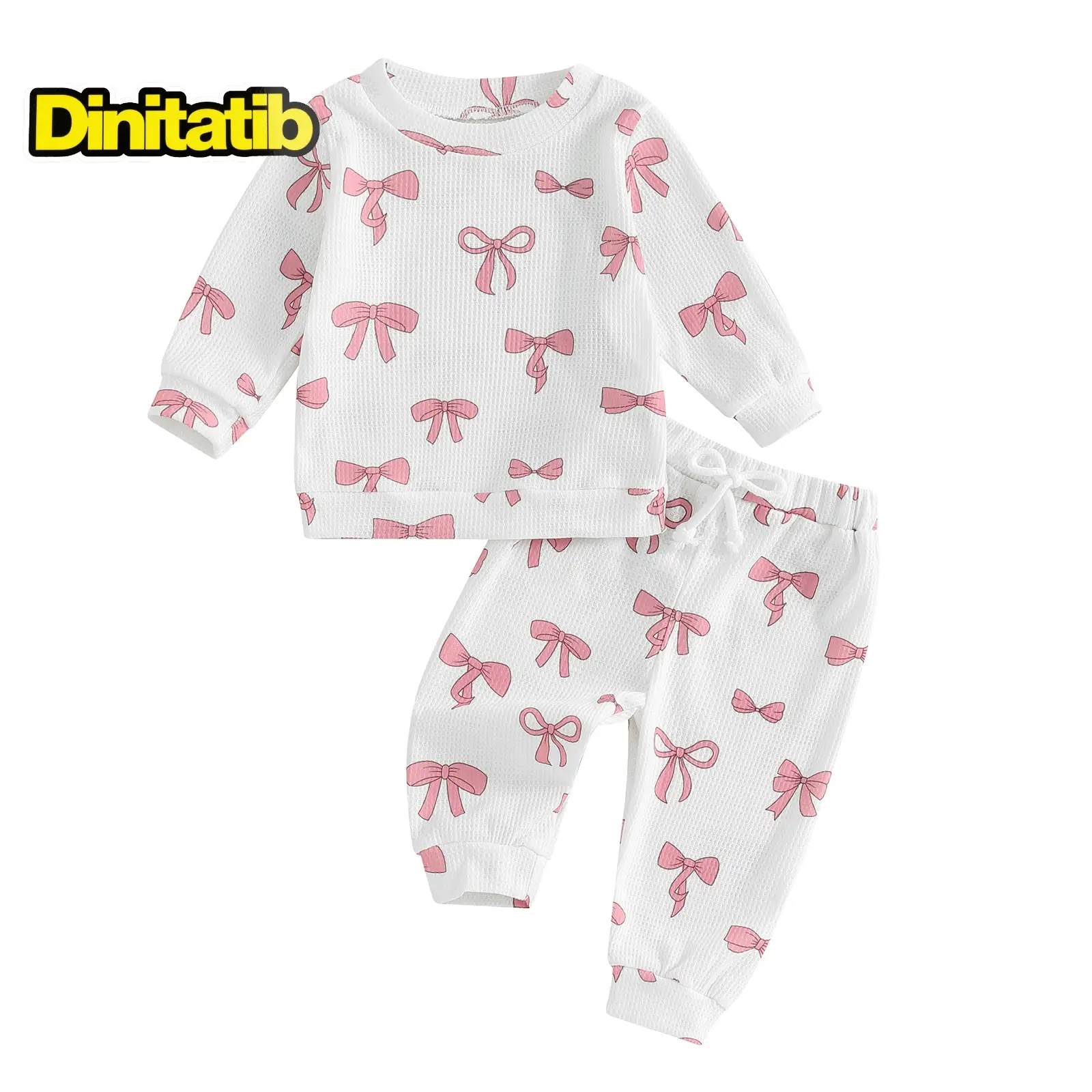 Baby Girls 2-piece Outfit, 0-3 Years Bow Print Long Sleeve Crew Neck Sweatshirt with Elastic Waist Sweatpants Fall Clothes Casual