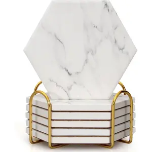 White Marble Coasters Set of 6 Hexagon Absorbent Ceramic Coasters with Holder for Modern Coffee Table, Bar, , , Drink Coaster Set