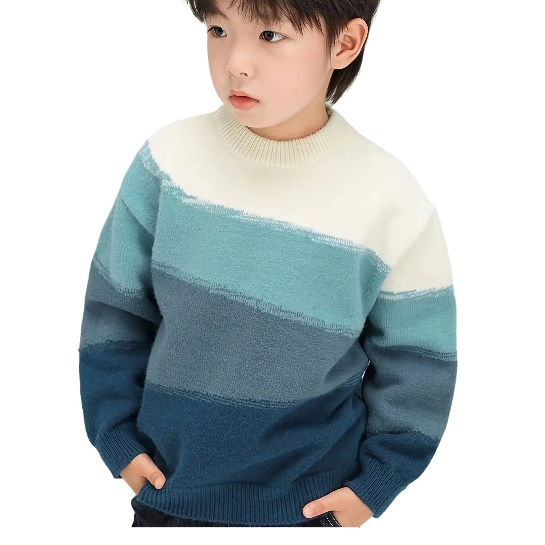 Boys’ Polyester Winter Pullover Sweater, Child-Sized Boys' Sweaters, Round Neck, M-L Sizes, Thick Warm, Soft Stretchy Knit, Machine Washable