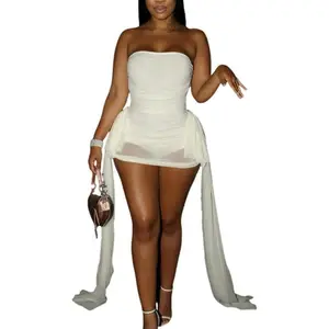 Sexy off-shoulder mesh sheer Y2K tube mini dress for women; ribbon bodysuit; party club birthday dresses; date night formal womenswear; elegant sleeveless tube; basic minimalist workwear; evening wear