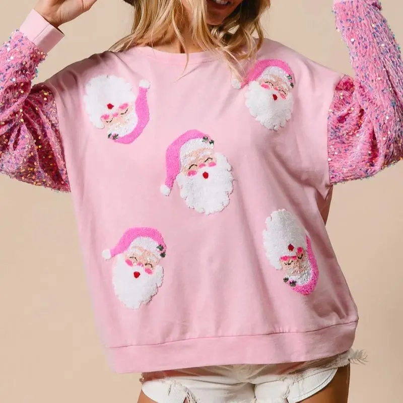 Women's Plush Christmas Hoodie - Breathable, Shiny Sequined Patchwork, Fashion Long-Sleeve Crewneck Pullover, Casual Aesthetic Festive Holiday Top, Oversize, Aesthetics, Sweater, Style, Denim, Baggy, Fabric