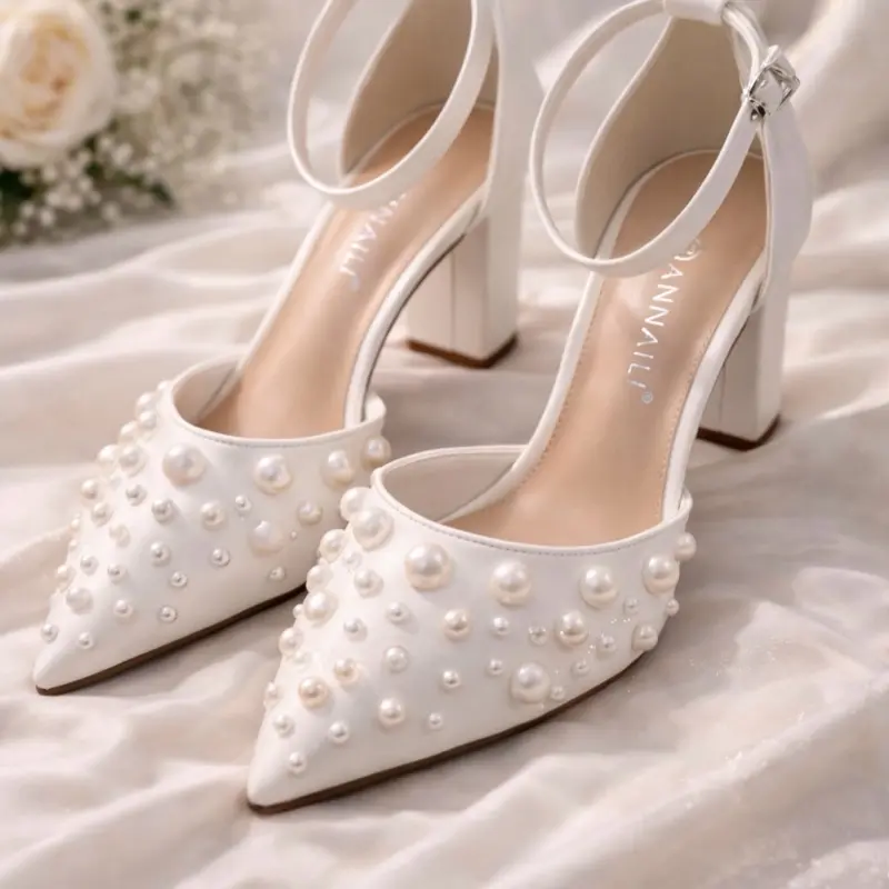 Elegant Pearl Bridal Block Heels – Satin White Ankle Strap Pumps