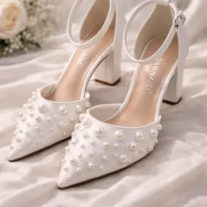 Elegant Pearl Bridal Block Heels – Satin White Ankle Strap Pumps