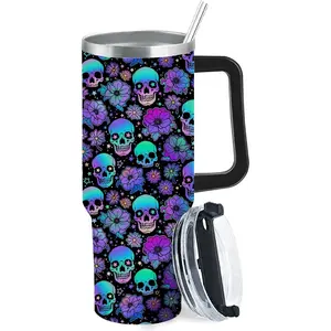 Sugar Skull Flower 40oz Tumble with Handle, Stainless Steel with Lid Gifts for Skull Lovers Skinny  Tumbler Skeleton Coffee Cup, Sugar Mug, Skeleton Gifts for Birthday Christmas