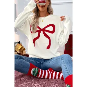 White Bow Pattern Contrast Trim Christmas Loose Graphic Sweater