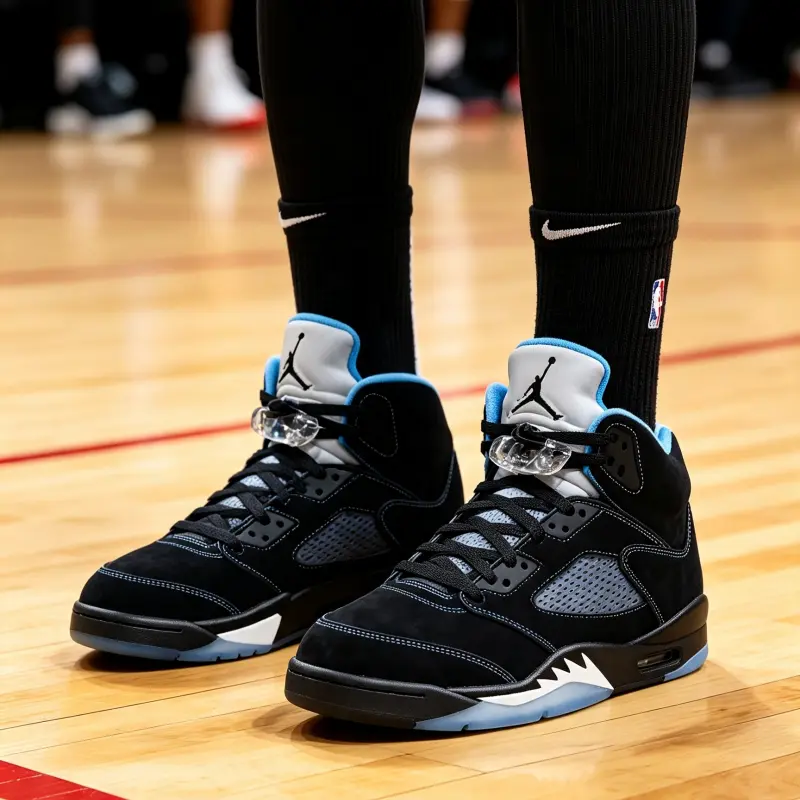 High top basketball shoes black suede light blue inner lining gray breathable mesh icy blue outsole classic sport shape unisex everyday athletic footwear street ootd vacation ready soft insole