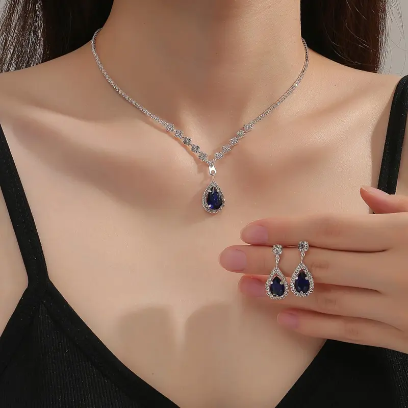 Women's Elegant Water Drop Shaped Artificial Gemstone Decorated Jewelry Set, Teardrop Jewelry Set, Exquisite Trendy Rhinestone Decorated Necklace & Stud Earrings, Fashionable Jewelry Set for Party Decoration