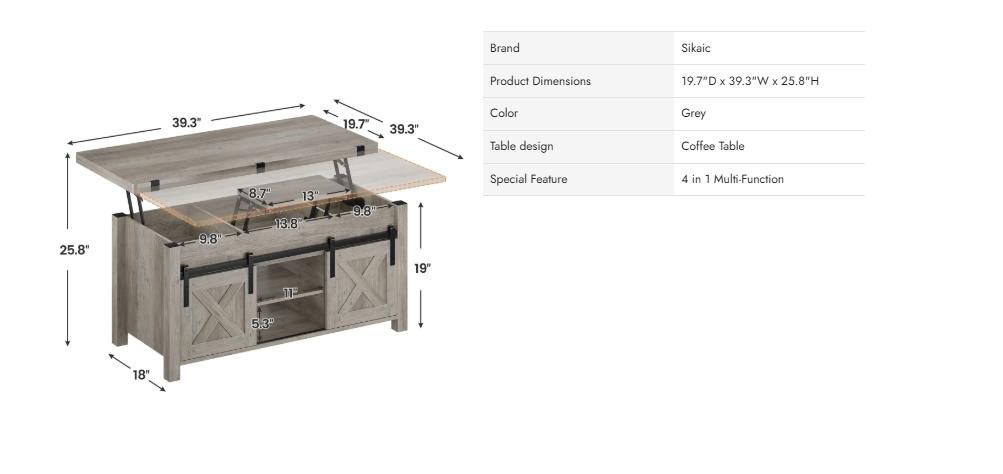 SIKAIC 4 in 1 Multi-Function Lift Top Coffee Table Converts To Dining Table Modern Farmhouse Style Distressed Oak Finish Modern Furniture