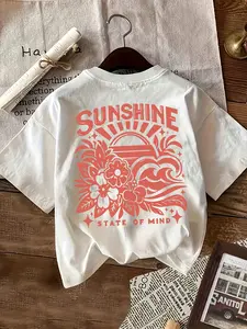 Women'S Floral Sunshine Print T-Shirt, Casual Crew Neck Short Sleeve Top, Polyester Knit Jersey with Elastane, Alphabet Pattern, Regular Length for Spring/Summer/Fall - 200g/m²