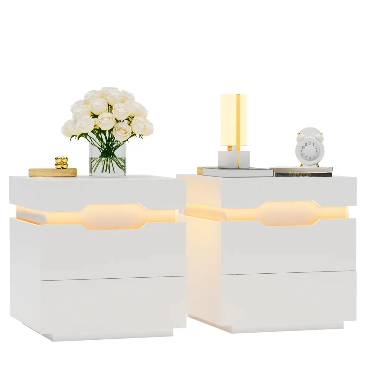 Modern White LED Nightstand for Bedroom, Bedside Table with 2 Wood Drawers and Charging Station, End Table with Large Capacity