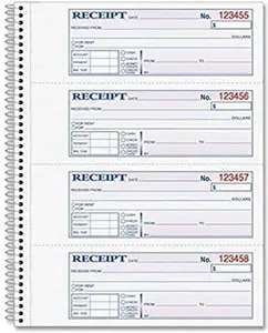 Money and Rent Receipt Book, 2-Part Carbonless, 5-1/4" x 11", Spiral Bound, 200 Sets per Book, 4 Receipts per Page (SC1152)