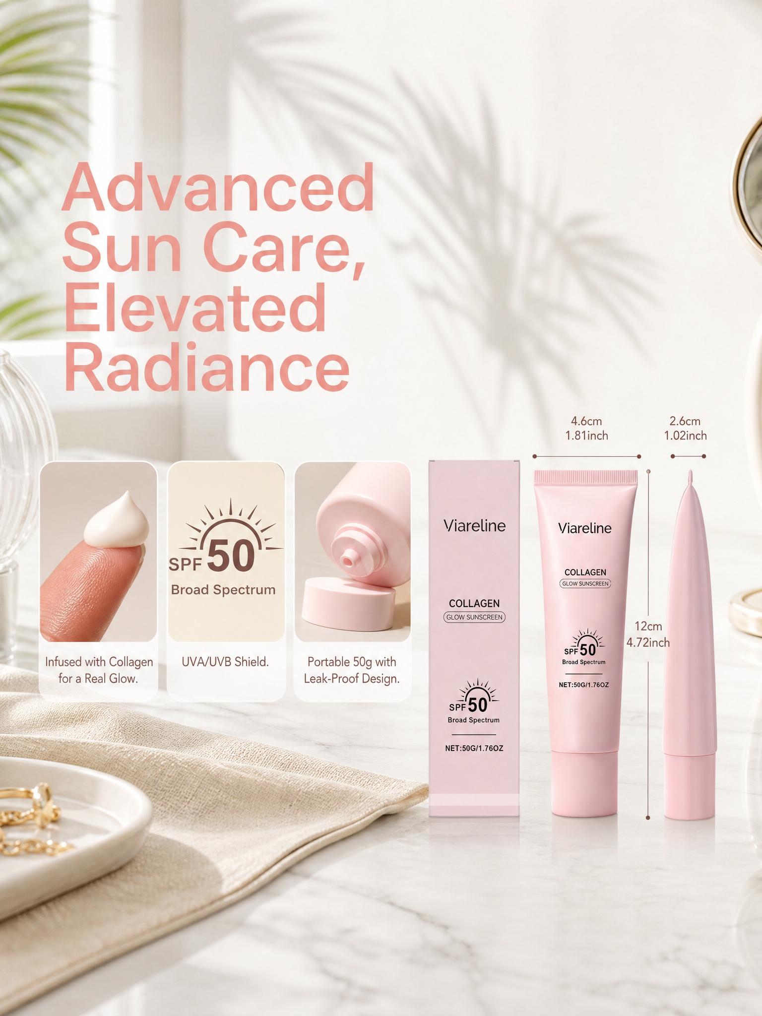 No Cast Just Glow Collagen Sunscreen | SPF 50 Broad Spectrum Face Sunscreen | Lightweight, Non-Sticky, Hydrating Formula | No White Cast or Residue | Peptide, Cica for Soothing & Natural Glow
