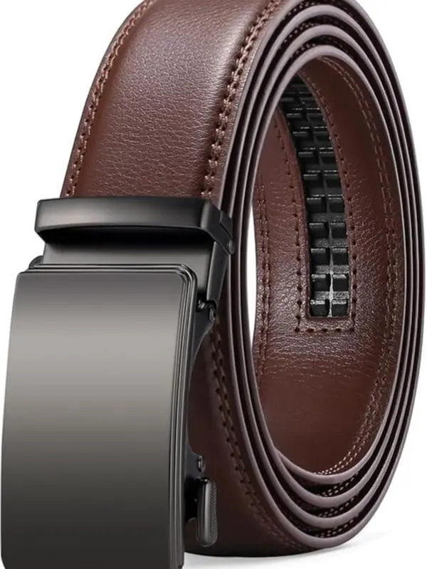 Men's Leather Belt Automatic Ratchet Buckle Slide Belt for Dress Casual Trim to Fit with Gift Box