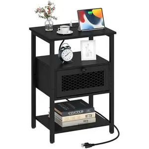 Nightstand with Charging Station, 1pcs/2pcs Bedroom Bedside Table with USB Ports and AC Outlets, Sofa Side End Table with Storage Drawer, Couch Side Table with Open Shelf for Living Room Office Dorm