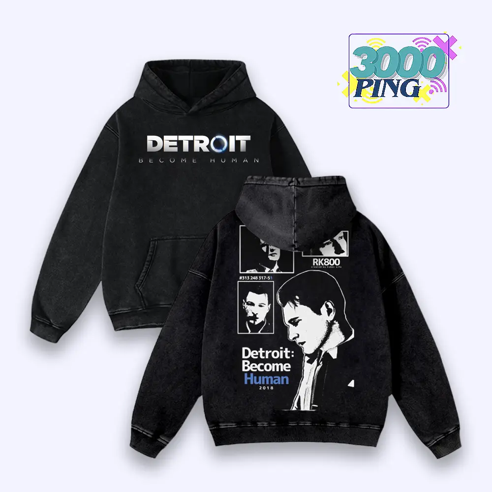 Detroit Become Human Hoodie & T-Shirt Connor RK800 Graphic, Vintage Acid Wash Apparel, Android Detective Merch, CyberLife Pullover, Unisex Cotton Top