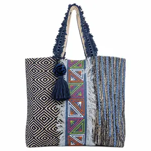 Boho Coastal Patchwork Tote Bag, Textured Tribal Carryall for Beach Outfits