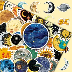 50 Retro Fantasy Sun Moon Stars Cloud Themed Creative Design DIY Decorative Stickers for Scrapbooks, Phone Cases & Cars
