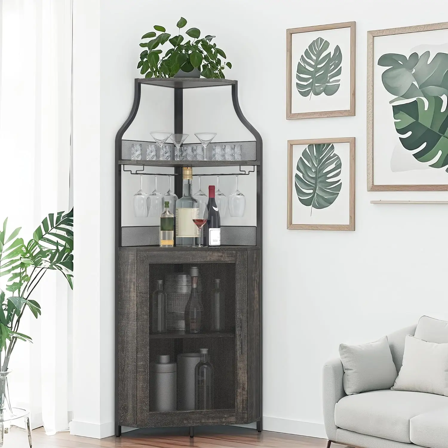 Corner Wine Cabinet  & Detachable Rack, 5-Tier Industrial Bar with Barn Door, Glass Holder, Farmhouse Buffet Cabinet for Home Bar-Dark Wood Liquor Bar Rack
