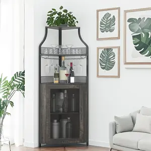 Corner Wine Cabinet  & Detachable Rack, 5-Tier Industrial Bar with Barn Door, Glass Holder, Farmhouse Buffet Cabinet for Home Bar-Dark Wood