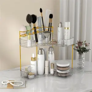 Makeup Organizer 2 Tier Corner Shelf Cosmetics Skincare Organizer for Bathroom Vanity Countertop, Transparent/Gold