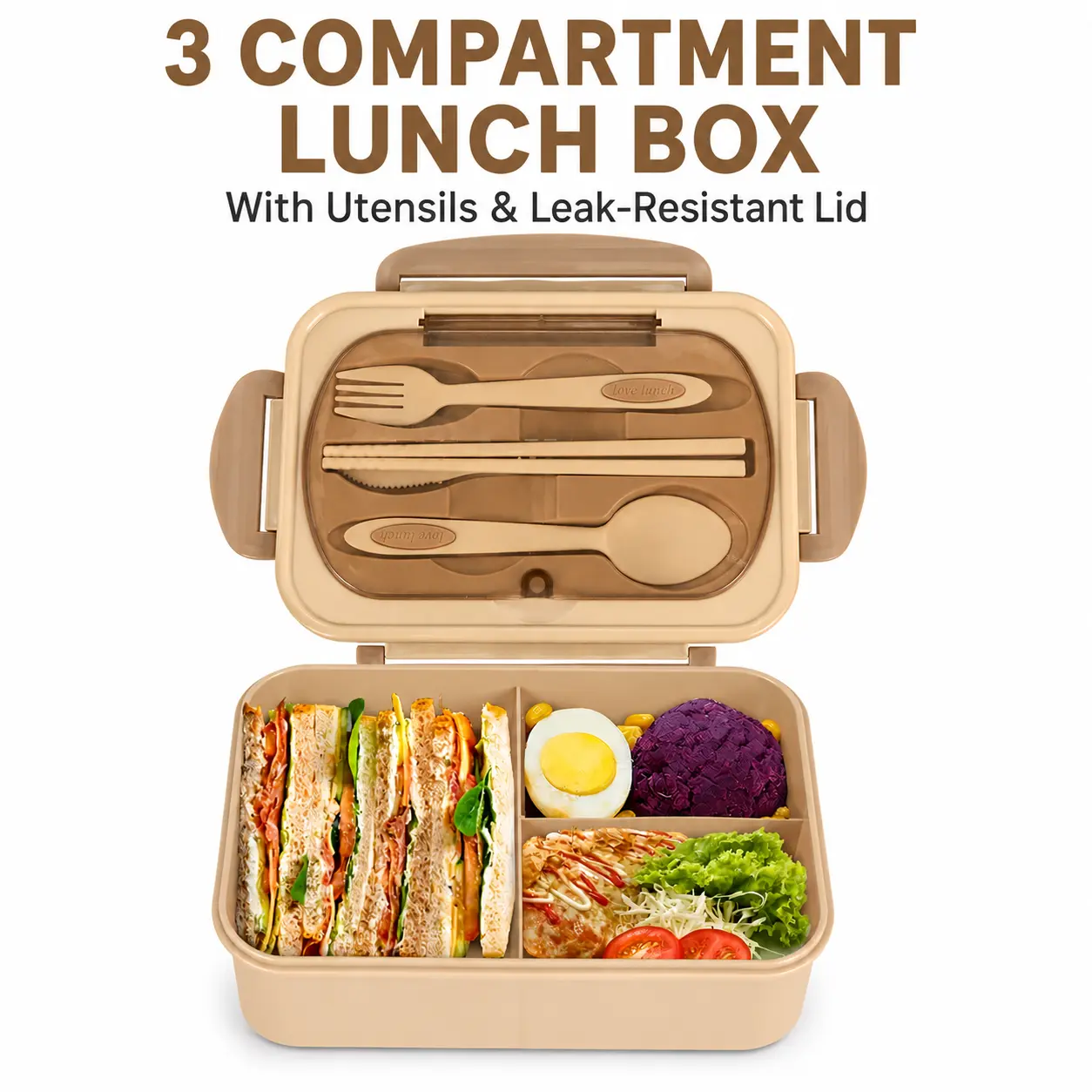 Arthink Durable 3-Compartment Bento Box for Adults (1210ML) - Leakproof ABS & Silicone Lid Lunch Container with Utensils, Microwave Safe Reusable Green Kitchen Tableware, Portable Thanksgiving Gift Value Pack
