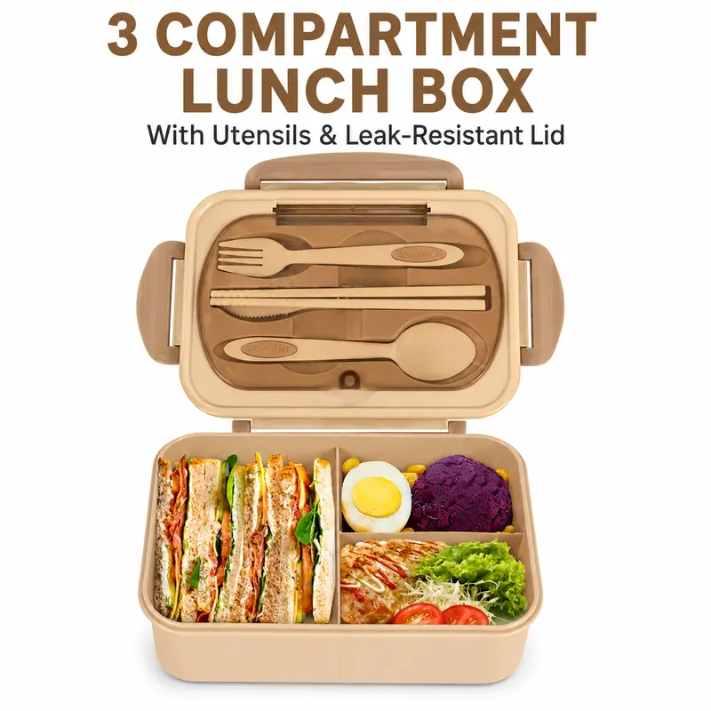Arthink Durable 3-Compartment Bento Box Tableware for Adults - 1210ML Leakproof Food-Safe Plastic Container, ABS-Silicone Lid, 3 Utensils (Including Fork), Microwave-Safe Reusable Set for Packing Lunch for My Kid