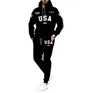 USA Letter Print Casual Hooded Sweatsuit Set for Men - 100% Polyester Long Sleeve Hoodie and Drawstring Joggers with Slight Stretch - Spring/Fall Outdoor Leisure Tracksuit Can be used with raincoat