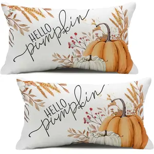 2pcs, Autumn Harvest Pumpkin Fall Leaves Lumbar Pillow Covers, Farmhouse Seasonal Decorative Pillowcases for Porch Patio Sofa Couch, Fall Decor for Home, "Hello Pumpkin" Design, Farmhouse Style, Home Decor Pillow, Single Sided Printing, No Pillow Core