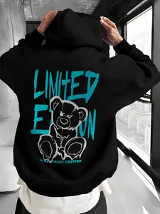 Men's Casual Loose Fit Letter Bear Print Fleece Hoodie Pullover, Fall & Winter Outdoor Wear, Versatile Hooded Sweatshirt for Men