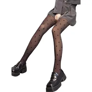 1 Pair of Heart-Print Tights, Faux Sheer Slim Fit Tights, Round Print Semi-Sheer Tights, Faux See-Through Leggings for Women, Printed Tights, Sexy Heart and Polka Dot Print Leggings