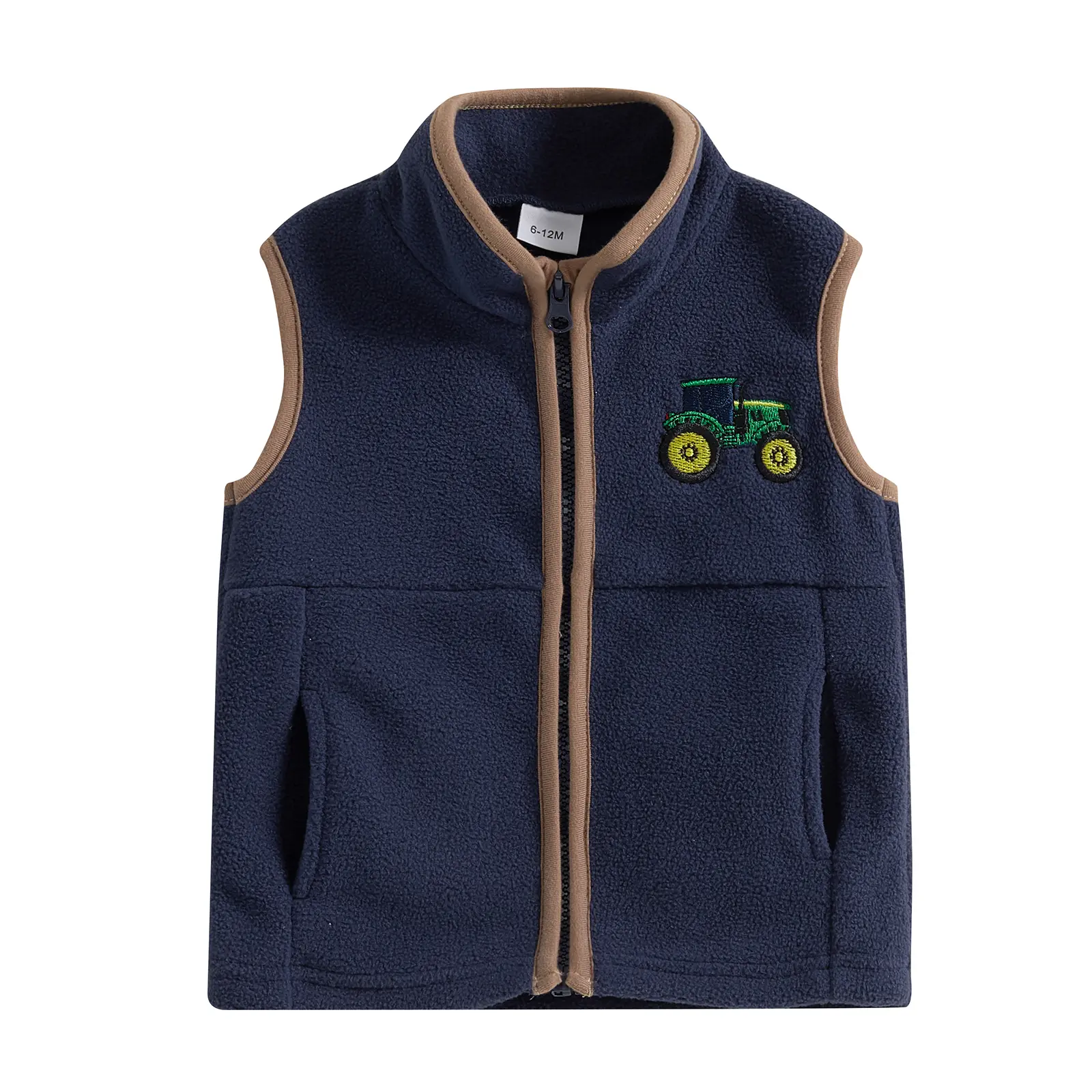 Cozy Toddler Boys' Christmas Polyester Blend Casual Vest - Sleeveless Zip-Up with Tractor Embroidery, Pockets - Fall Winter Country Farm Baby Clothing Jacket