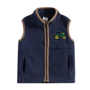 Toddler Baby Boys Christmas Fleece Vest Casual Sleeveless Zip Up Tractor Embroidery Vest Jacket Coat with Pockets Fall Winter Country Farm Clothes