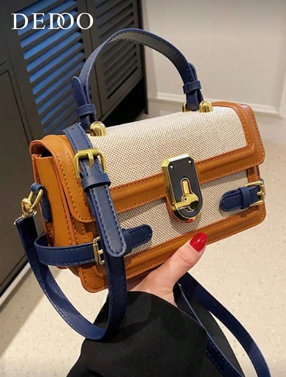 Vintage Canvas Color‑Block Small Satchel Handbag for Women, Leather Trim Lock Closure Top‑Handle Purse, Removable Wide Strap Crossbody Shoulder Bag for Daily Casual Travel