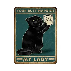 1pc Vintage Tin Sign Black Cat Decor, Metal Cat Poster, Cat Home Decor, Bathroom Poster, Metal Retro Tin Sign, Bar Wall Decor, Size 12*8in Signage