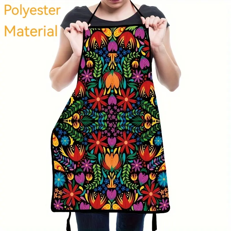 Mexican Folk Style Apron, 1 Count Breathable Polyester Apron, Sleeveless Kitchen Apron, Gift for Daughter & Mother & Wife & GF, Lightweight Kitchen Ac