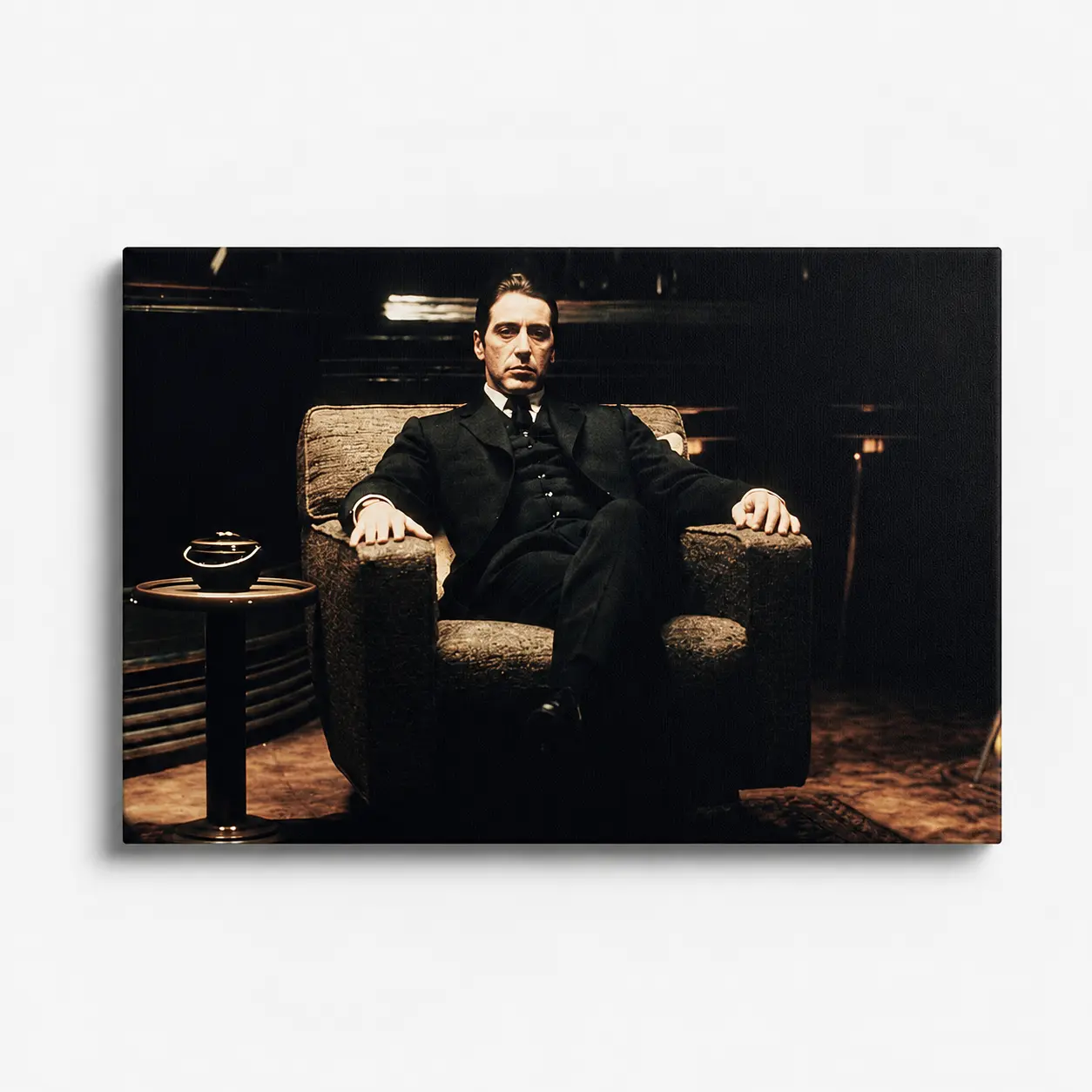 The Godfather Part 2 Michael Corleone Dark Sepia Vintage Film Grain Canvas Wall Art, Al Pacino Armchair Lobby Scene Frameless Framed Gangster Movie Print, Man Cave Office Bedroom Classic Crime Film Decor, Unique Gift For Godfather Petrolhead Enthusiasts