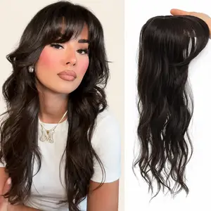 Brown Black Clip in Bangs 360° Coverage Mini Wavy Hair Topper with Bangs 18Inch Natural Looking Synthetic Clip Fake Fringe for Thinning Hair Daily Wear Quick Styling Curly Wave  Fake Bangs Toppers Hair Pieces for Women #TikTokShopDealsforYouDays