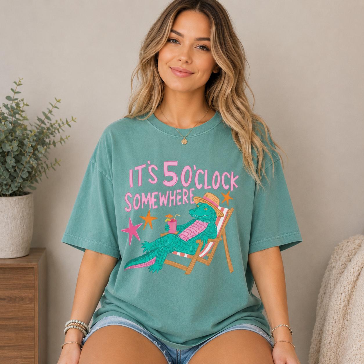 Comfort ColorsIt’s 5 O’Clock Somewhere Alligator Shirt, Funny Beach Vacation Tee, Preppy Summer Graphic T-Shirt, Coastal Cowgirl Comfort Colors Style Top Gift for Her, Cotton Fabric – DarkFlex