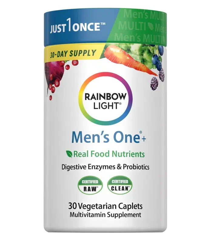 Rainbow Light Mens Multivitamin One + | 30 Caplets | Real Food Nutrients, Digestive Enzymes & Probiotics