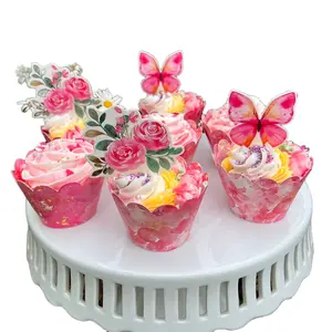 48 Pcs Butterfly & Rose Cupcake Topper Picks with Pink Cupcake Decorative Wrappers - Baby Shower | Girl’s Birthday Party | Bridal Shower | Valentine’s Day | Wedding Anniversary Cake Cake Birthday Birthday Butterflies