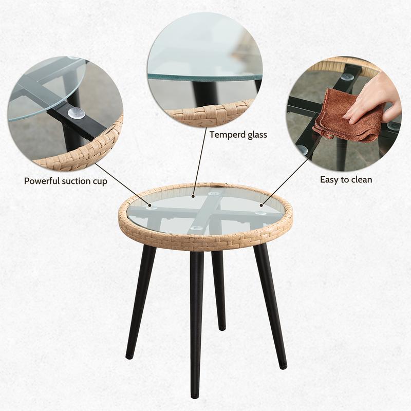 Ainfox 3-Piece Patio Bistro Furniture Set, Outdoor Wicker Rattan Chat Coversation w/Glass Top Table & Cushions for Porch, Backyard, Apartment, Balcony (Beige)