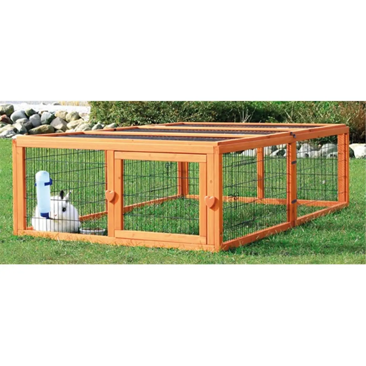 212 MAIN Medium Wooden Kennel Outdoor Run, Weatherproof Glazed Pine Rabbit Playpen, Mesh Cover, Easy-Access Door, Ventilated Escape-Prevention Small Animal Enclosure