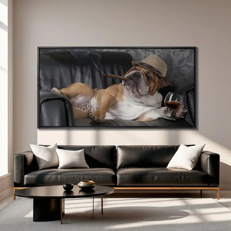 Artistic Bulldog & Whiskey Wall Poster - Retro Whimsical Plaid Frame-Style Print, Cabin Room Home Decor, Unique Dad Gift