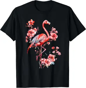 100% Cotton Flamingo Bird Floral Flamingo Lover Motif Nature Artwork T-Shirt