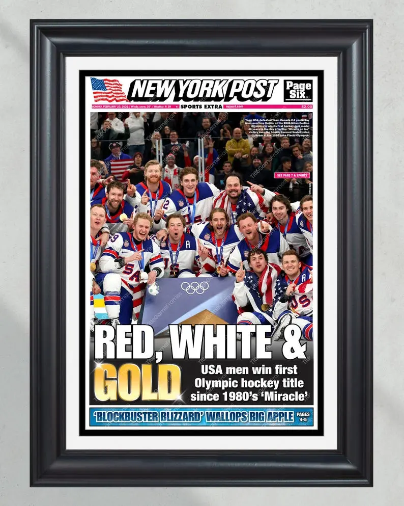 USA Hockey Newspaper Front Page Poster, Red White and Gold Olympic Champions Wall Art Print