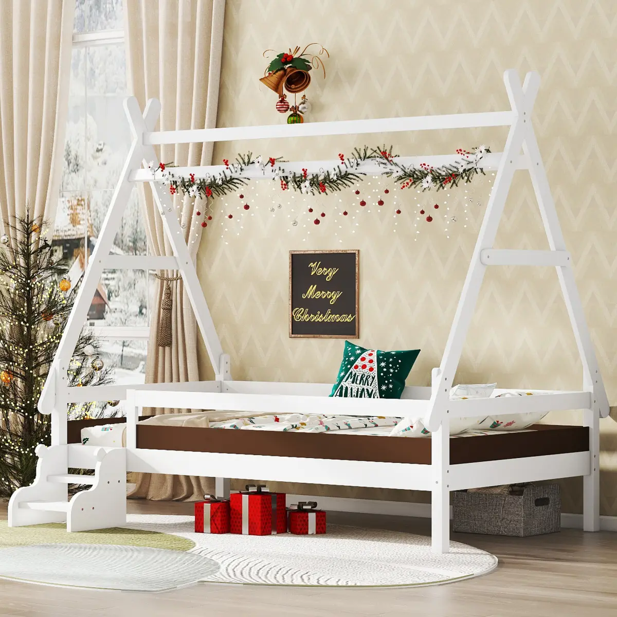 [Bellemave]Twin/Full House Platform Bed with Stairs, Solid Wood Twin Bed Frame, Low Profile and Childlike Fun Design, White