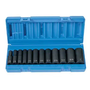 212 MAIN Grey Pneumatic 1213D Socket Wrench Set - 0.38 in. Dr, 6Pt SAE Standard Alloy Steel 12Pc Deep Impact Socket Set, Heavy Duty High Torque Cycling Tool Box Accessory, Heavy Duty Tool