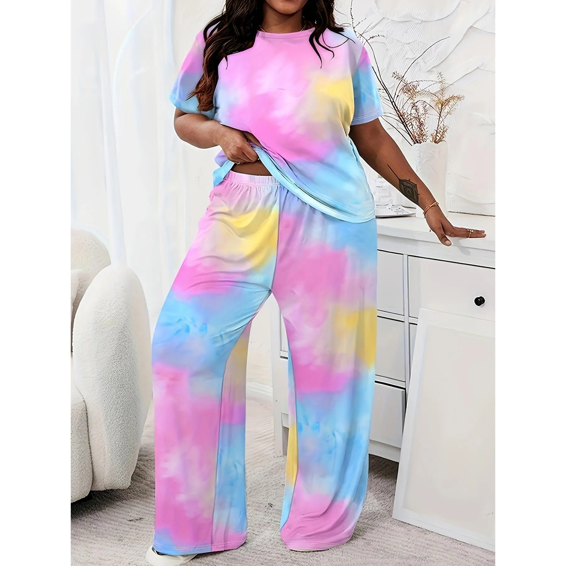 Women's Plus Size Knit Loungewear 2-Piece Set - Short Sleeve Tie Dye Top & Pants, Ideal for Home Relaxing, Great Birthday or Holiday Gift, Shortsleeve, Lady