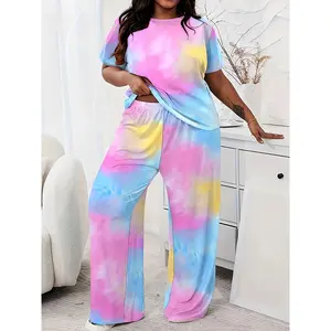 Women's Plus Casual Lounge Set - Plus Size Tie Dye Short Sleeve Top & Pants Lounge 2 Piece Set - For Women - Suitable for Relaxing at Home - Perfect Gift for Birthday or Holidays